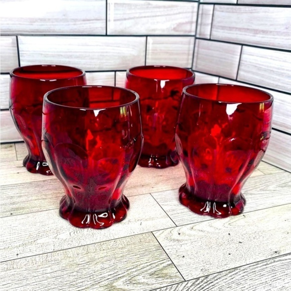FENTON RED RUBY THUMBPRINT DOTS & PANELS 1933 TUMBLERS GLASSES Set of 4